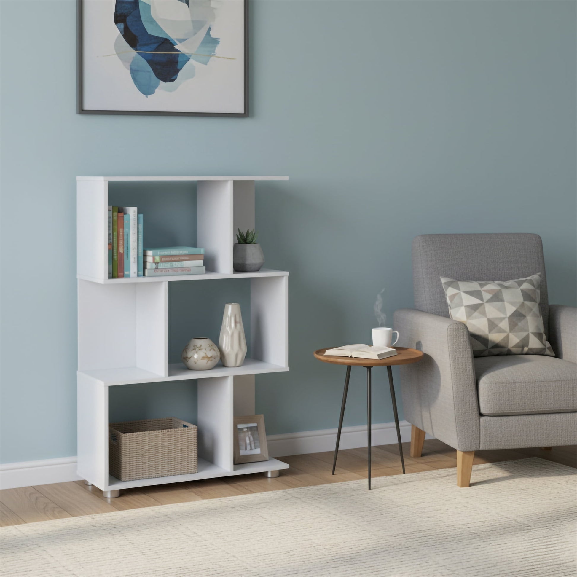 AC Pacific Manor Modern Staggered 3-Shelf Bookcase, White