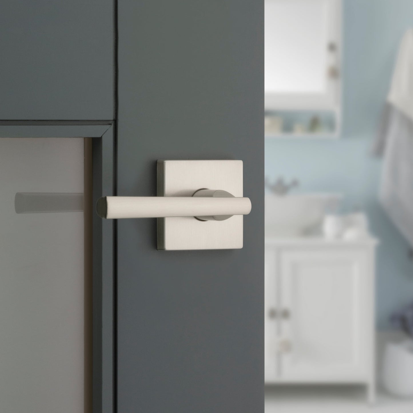Kwikset Montreal Square Privacy Lever Doorknob Satin Nickel