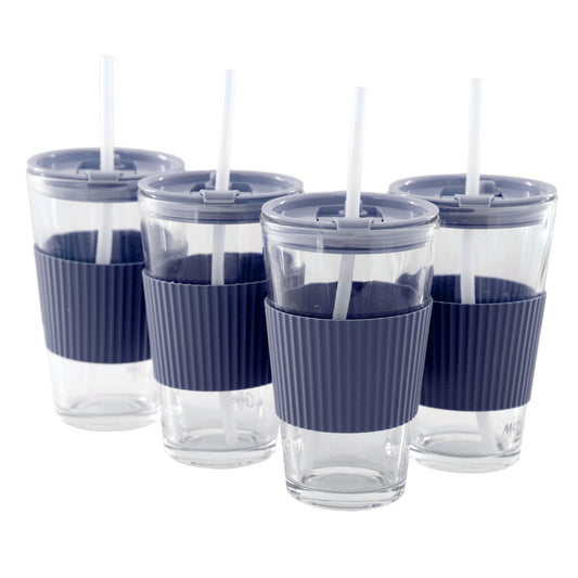 Mr. Coffee Sip Savvy 4 Piece 15 Ounce Silicone Sleeve Glass Cup Set w/ Lid and Straw in Navy