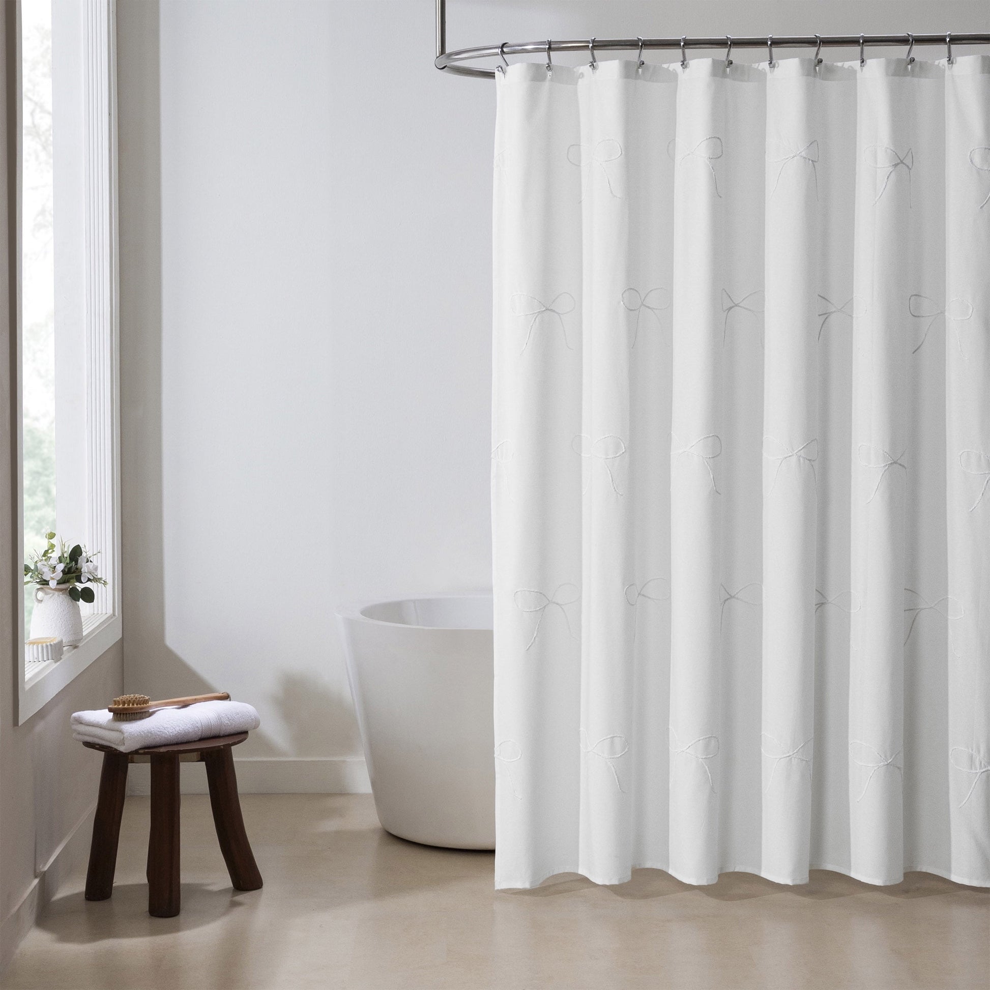 My Texas House White/White Embroidered Holiday Farmhouse Bow Cotton Shower Curtain, 72" x 72
