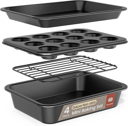 Bakken 4-Piece Bakeware Sets, Nonstick Carbon Steel Baking Sheet, Stackable Space-Saving Bakeware, Dishwasher Safe, Oven Safe 450Â°F, Black