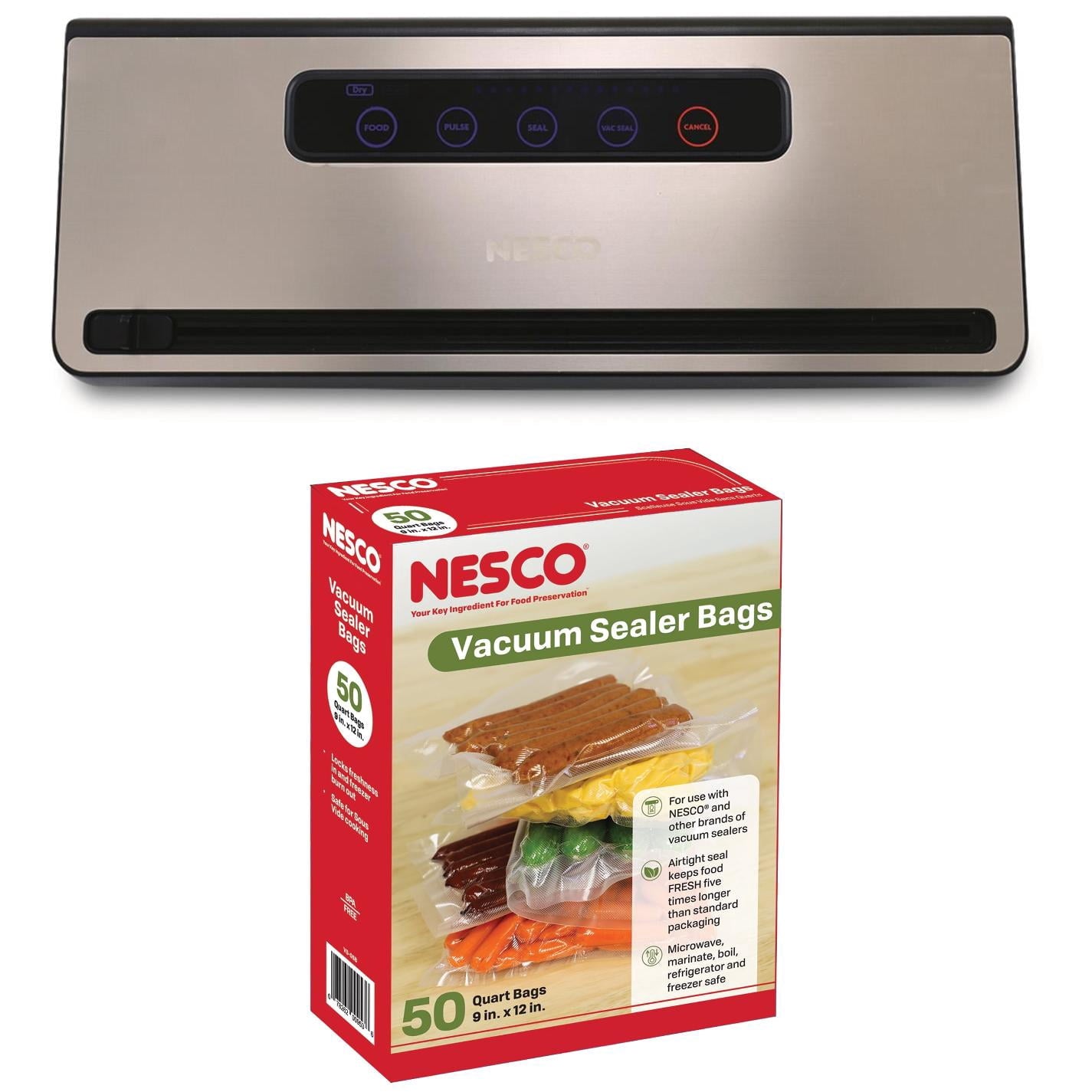 NESCO Vacuum Sealer Machine With 50 Quart Pre-Cut Bags, Automatic Food Saver For Meal Prep and Freezer Storage