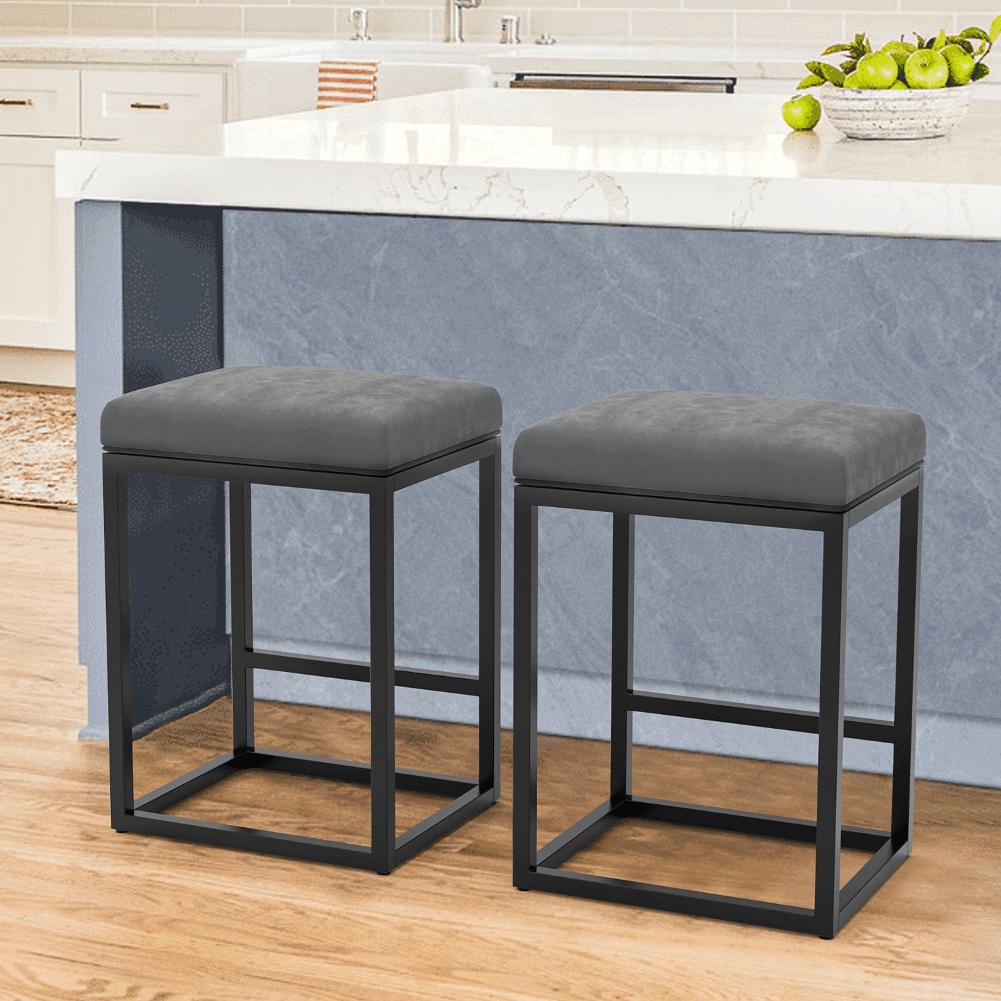 Nathaniel Home 24 Inch Bar Stools Set of 2, Modern PU Leather Metal Barstool, Backless Kitchen Dining Cafe Stool, Upholstered Bar Stool with Footrest, Light Brown
