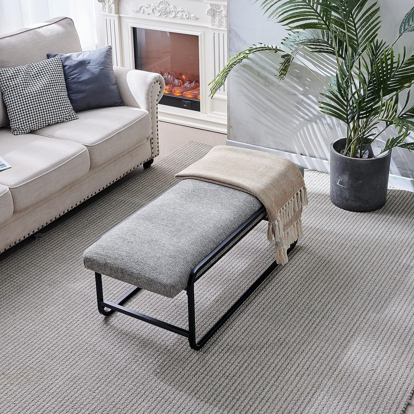 Nathaniel Home Upholstered Bedroom Benches, 60 inch Kids Ottoman Vegan Leather Footrest Stool, Accent Bench for Entryway Bedroom End of Bed, Light Gray