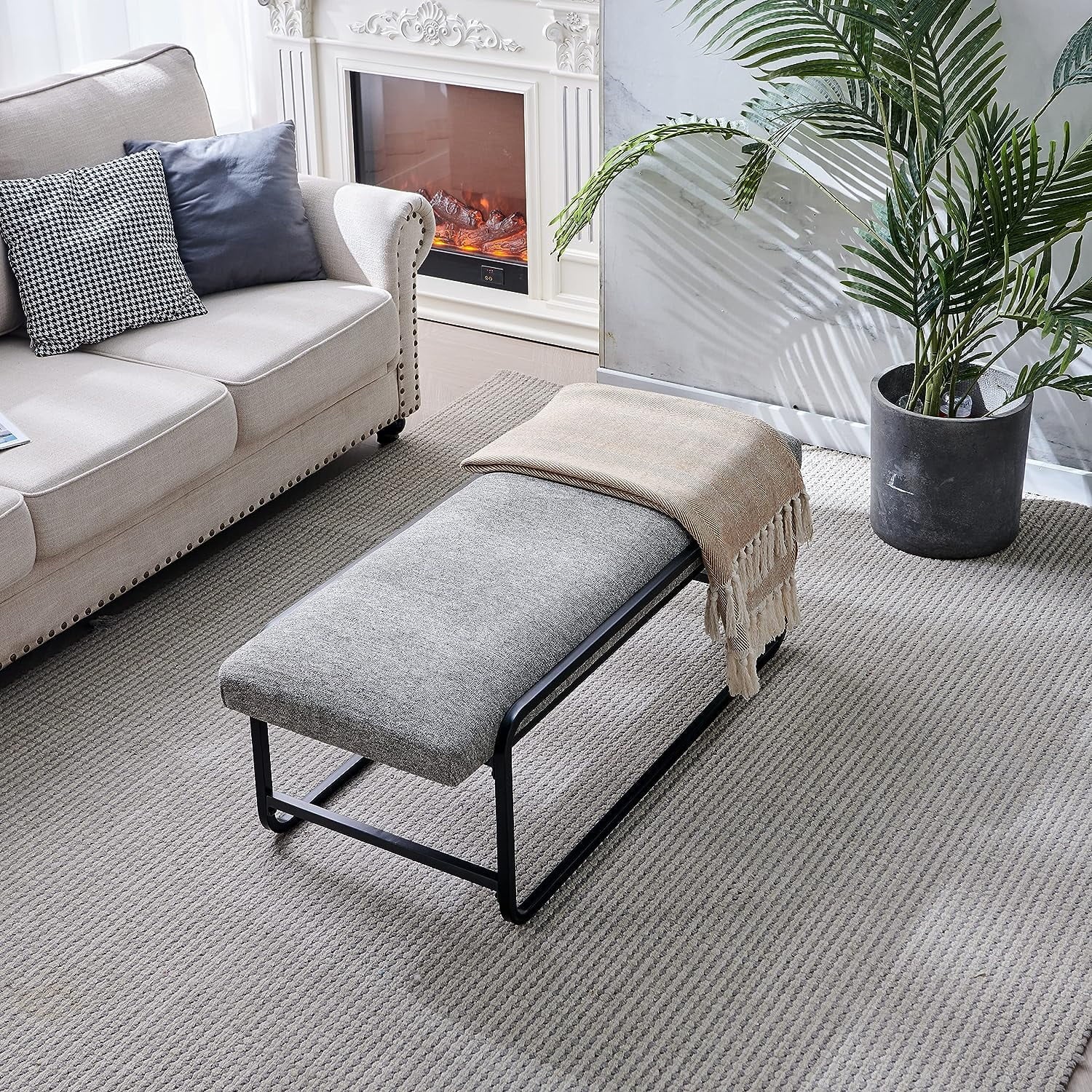 Nathaniel Home Upholstered Bedroom Benches, 60 inch Kids Ottoman Vegan Leather Footrest Stool, Accent Bench for Entryway Bedroom End of Bed, Light Gray