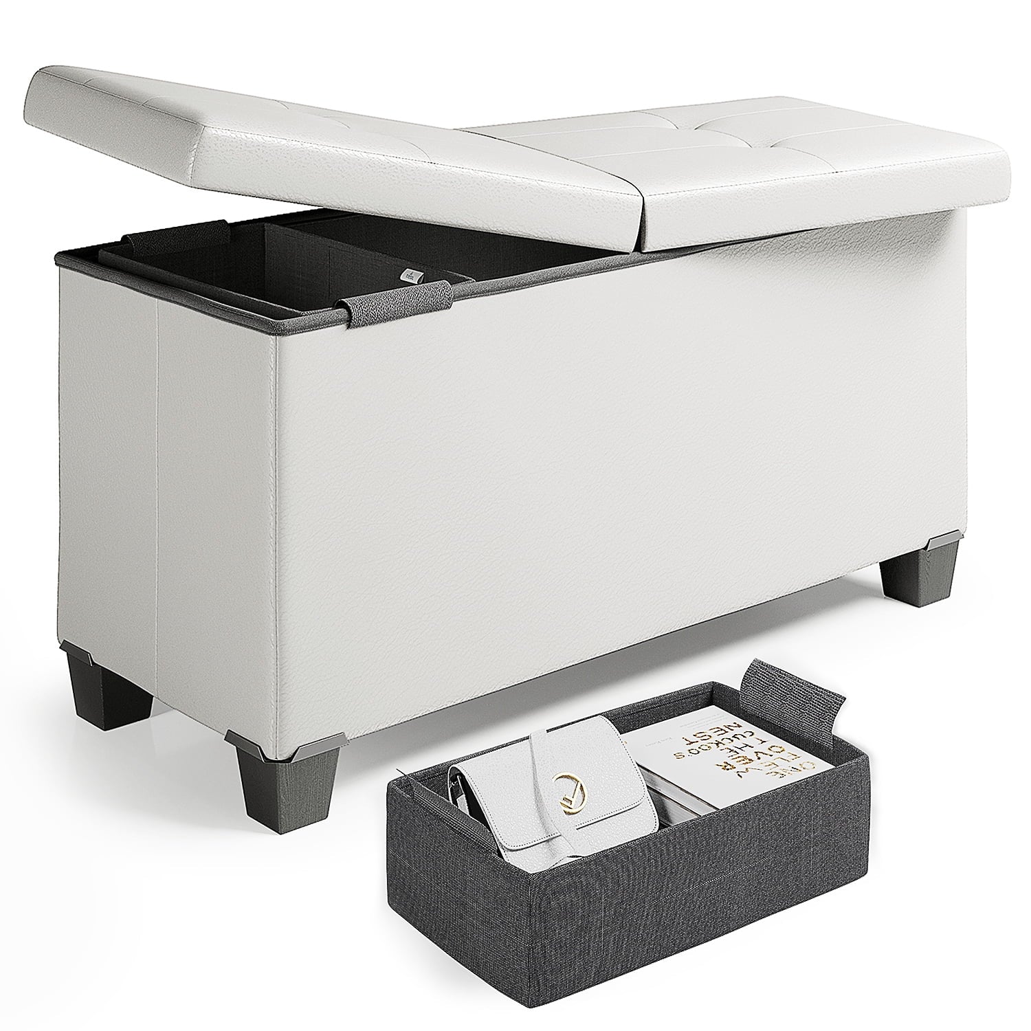 Nestl Faux Leather Ottoman Storage Bench ,30" Bench, White