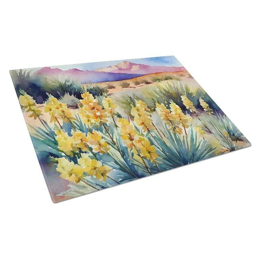New Mexico Yucca Flower in Watercolor Glass Cutting Board Large 12 in x 15 in