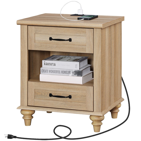 Nightstand with Charging Station, Farmhouse End Table with 2 Drawers & Open Cubby for Bedroom, Living Room, Light Rustic Oak