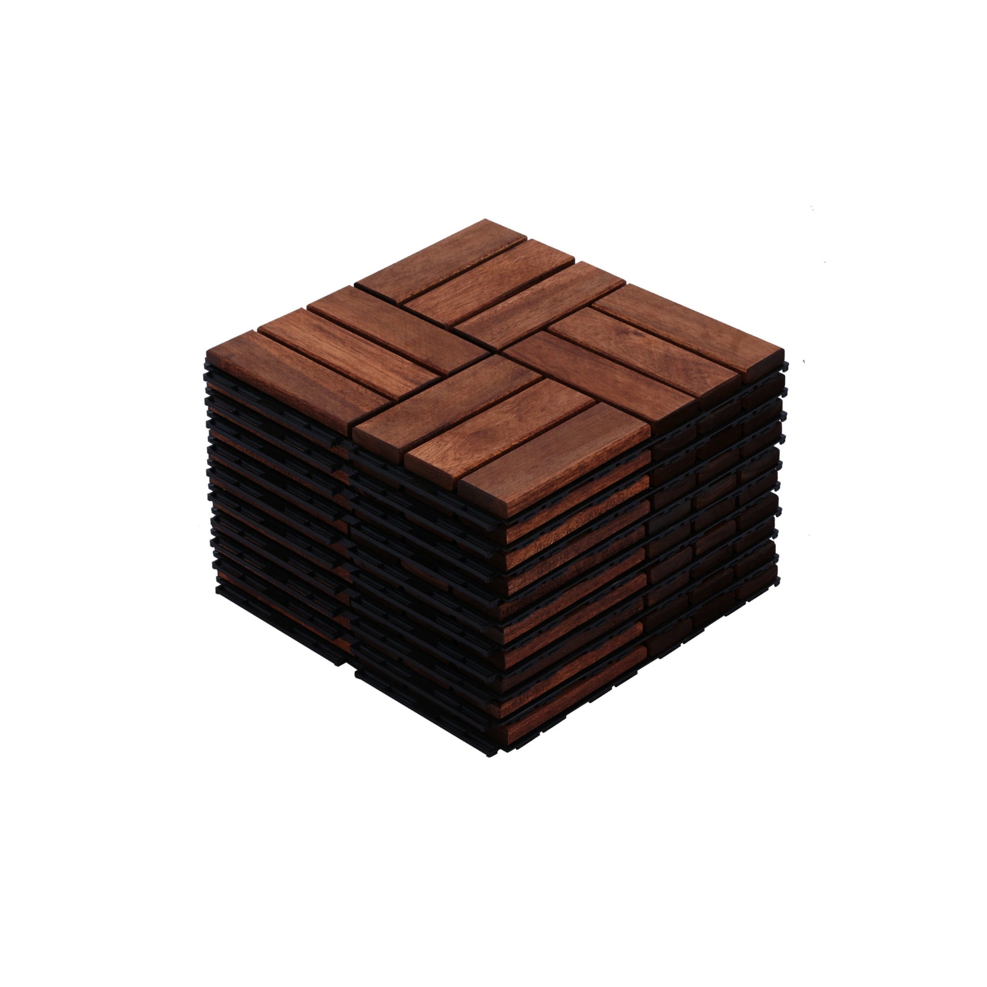 Noble House 12" Checker Acacia Wood Interlocking Deck Tiles, All-Weather Hardwood Patio Flooring, Brown, 10 PCS