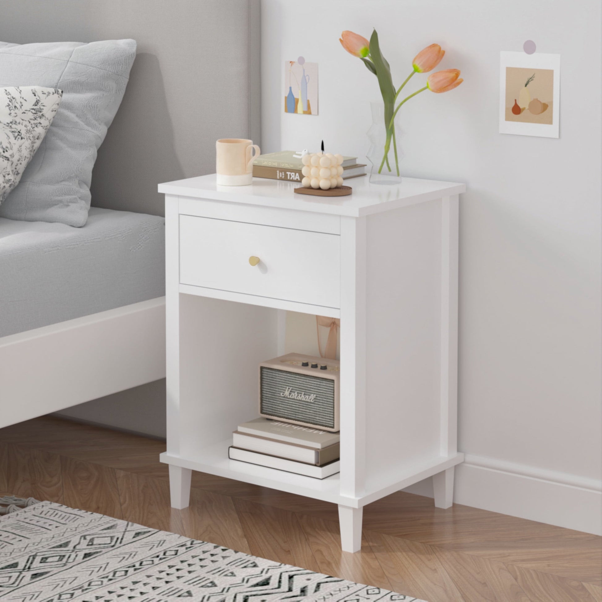 Noble House 26.8" Kids and Adults Wooden Nightstand, 1-Drawer  Bedside Table with Shelf, Silver Handle, White