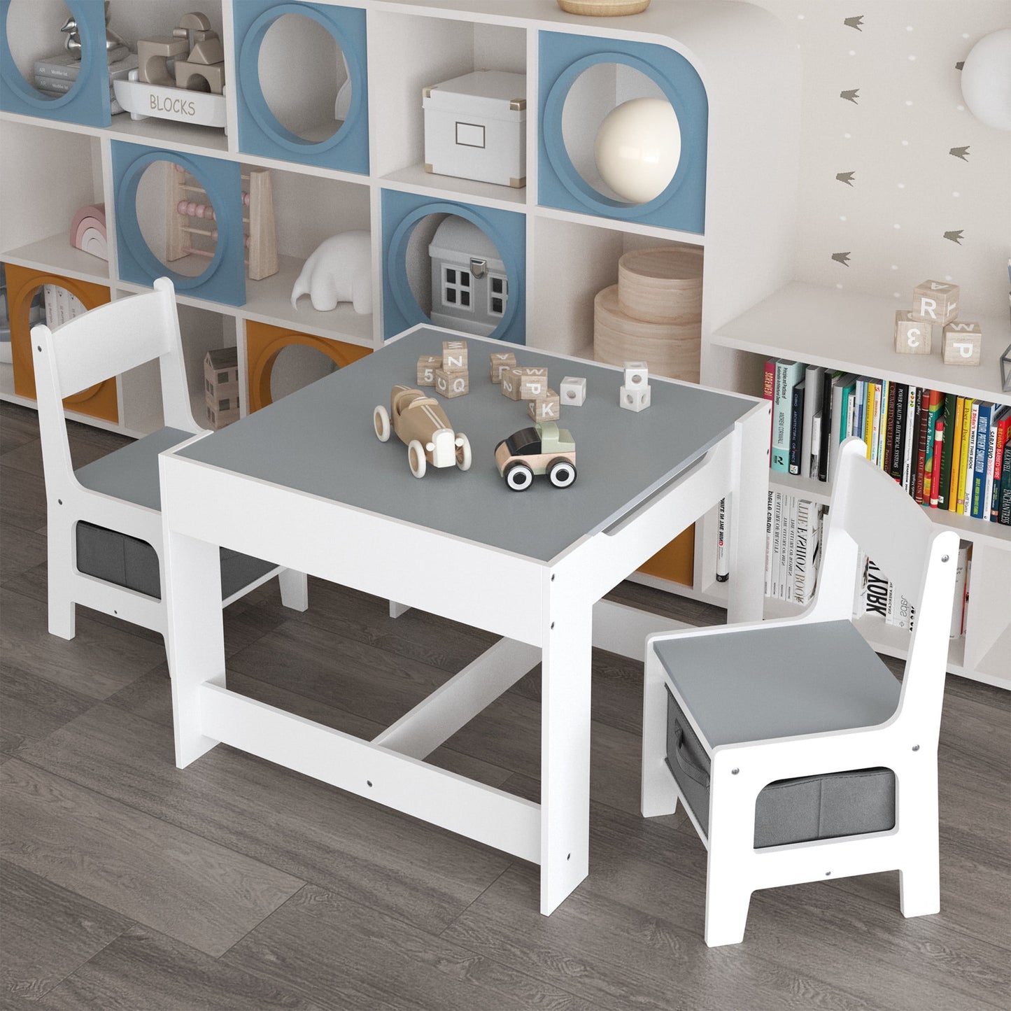 Noble House 3-in-1 Kids Wooden Activity Table and 2 Chairs Set, Reversible Blackboard Top with Storage Drawer, White