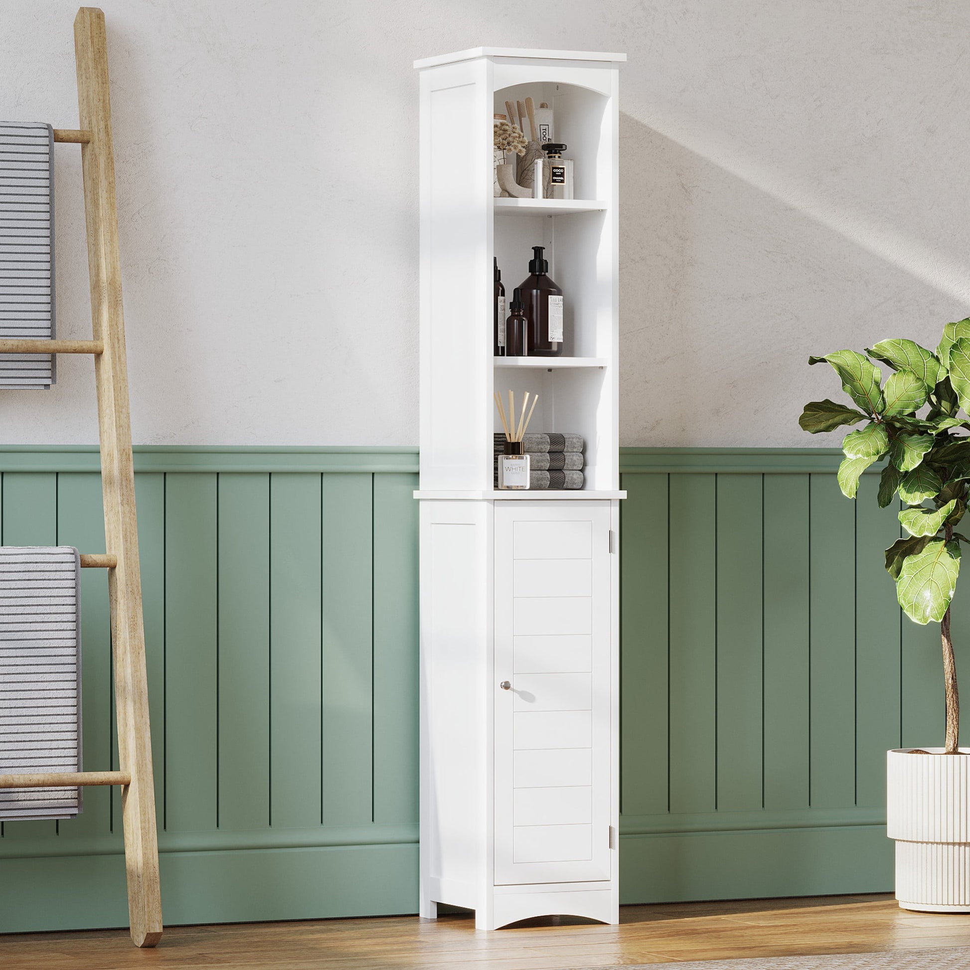 Noble House 64" Tall Bathroom Storage Cabinet, Slim Freestanding Linen Tower with Adjustable Shelves, White