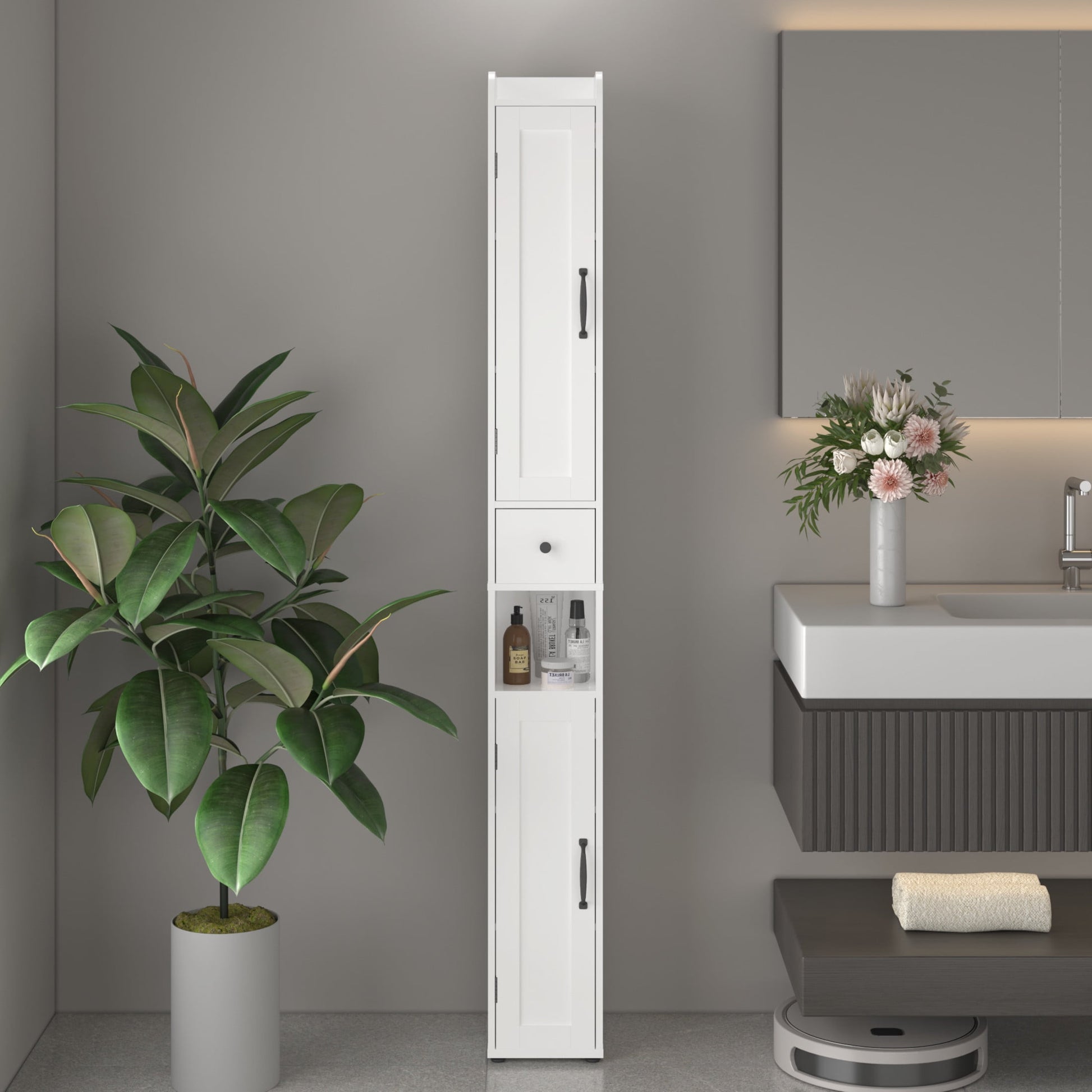 Noble House 67.5" Tall Slim Bathroom Storage Cabinet, 2-Door Freestanding Linen Tower with Adjustable Shelves, White