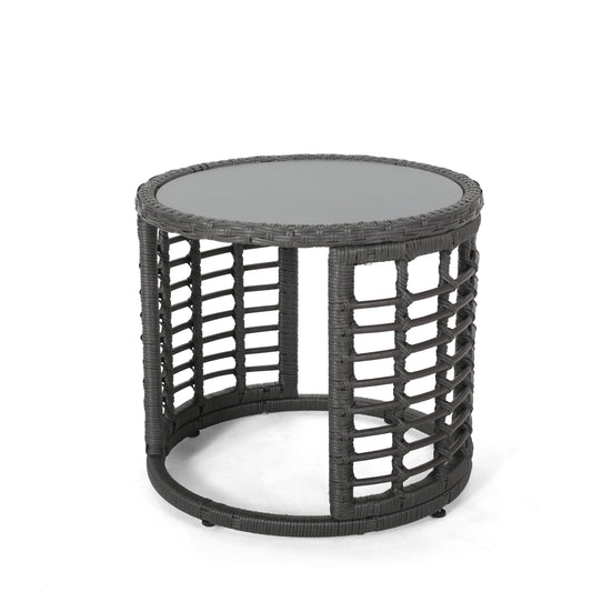 Noble House Caspian Indoor Modern Boho Wicker Side Table with Tempered Glass Top, Gray