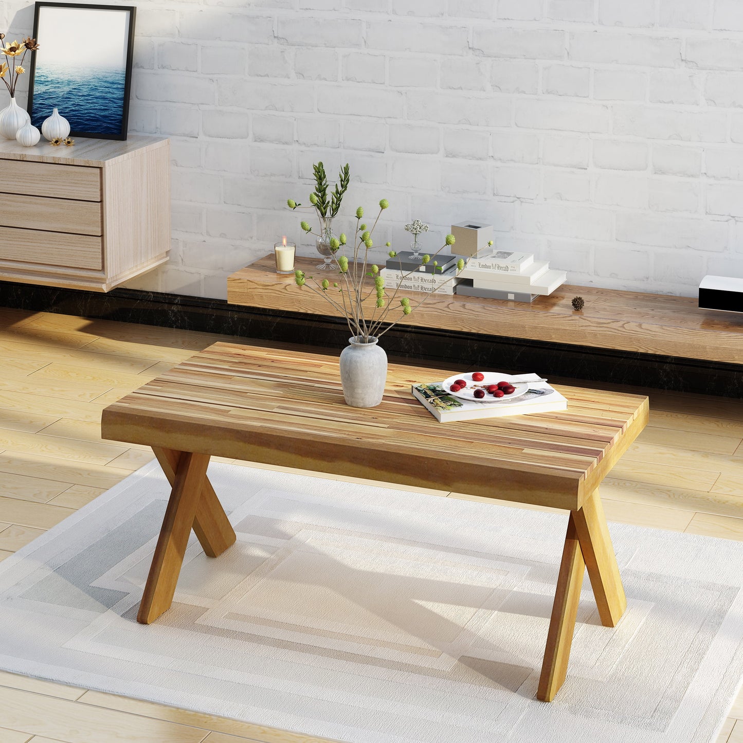 Noble House Farmhouse Acacia Wood Rectangle Coffee Table, Teak