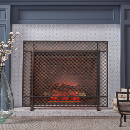 Noble House Houston Modern Single Panel Iron Firescreen, Black Brushed Gold Finish