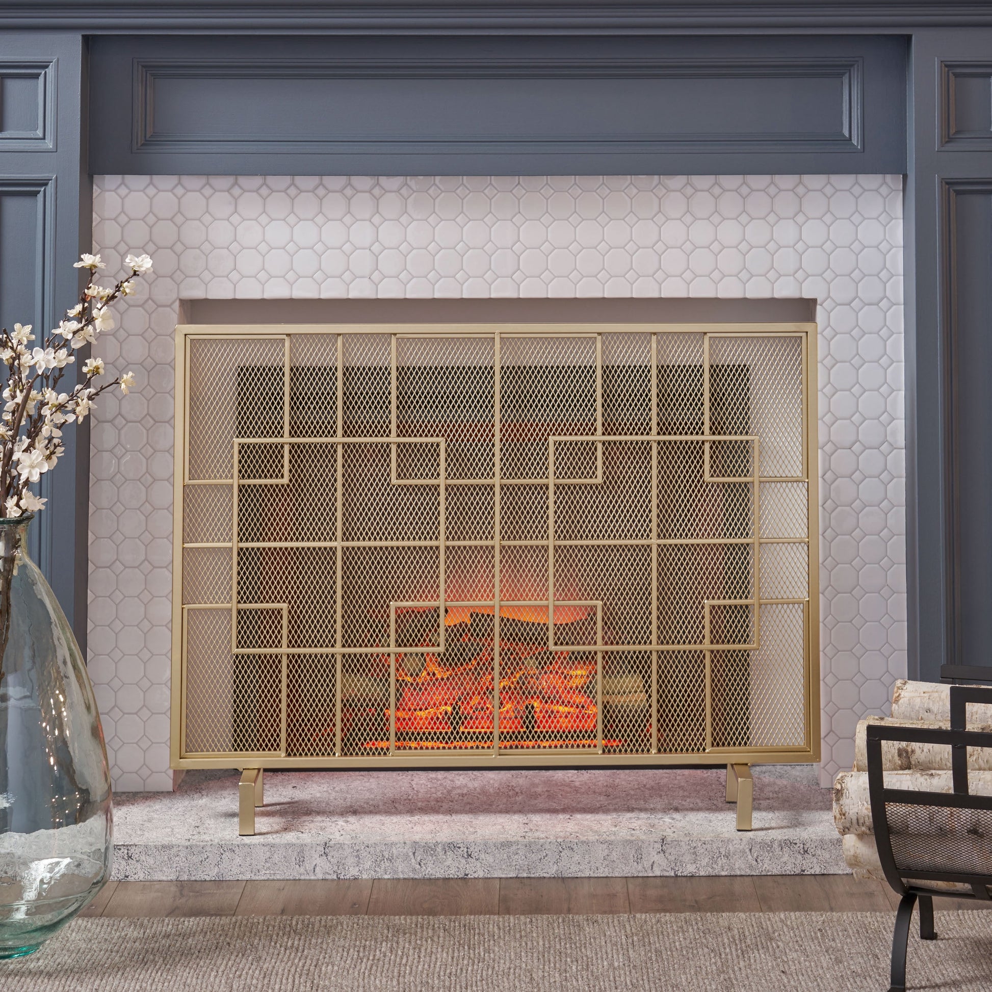 Noble House Kassandra Modern Single Panel Iron Firescreen, Gold Finish