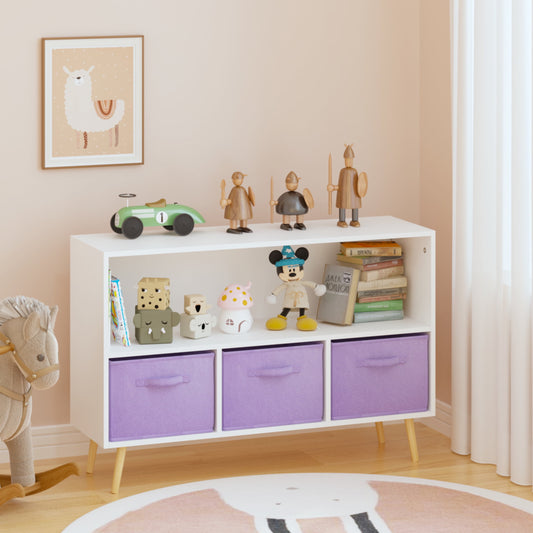 Noble House Kids Bookcase with Fabric Bins, Pine Toy Storage Organizer Shelf, Children's Book Display, White and Purple