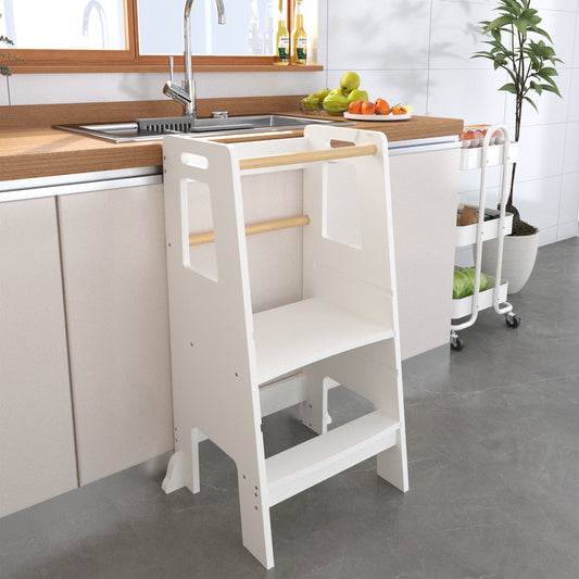 Noble House Kids Montessori Kitchen Helper Standing Tower, Adjustable Wooden Step Stool with Removable Bar, White
