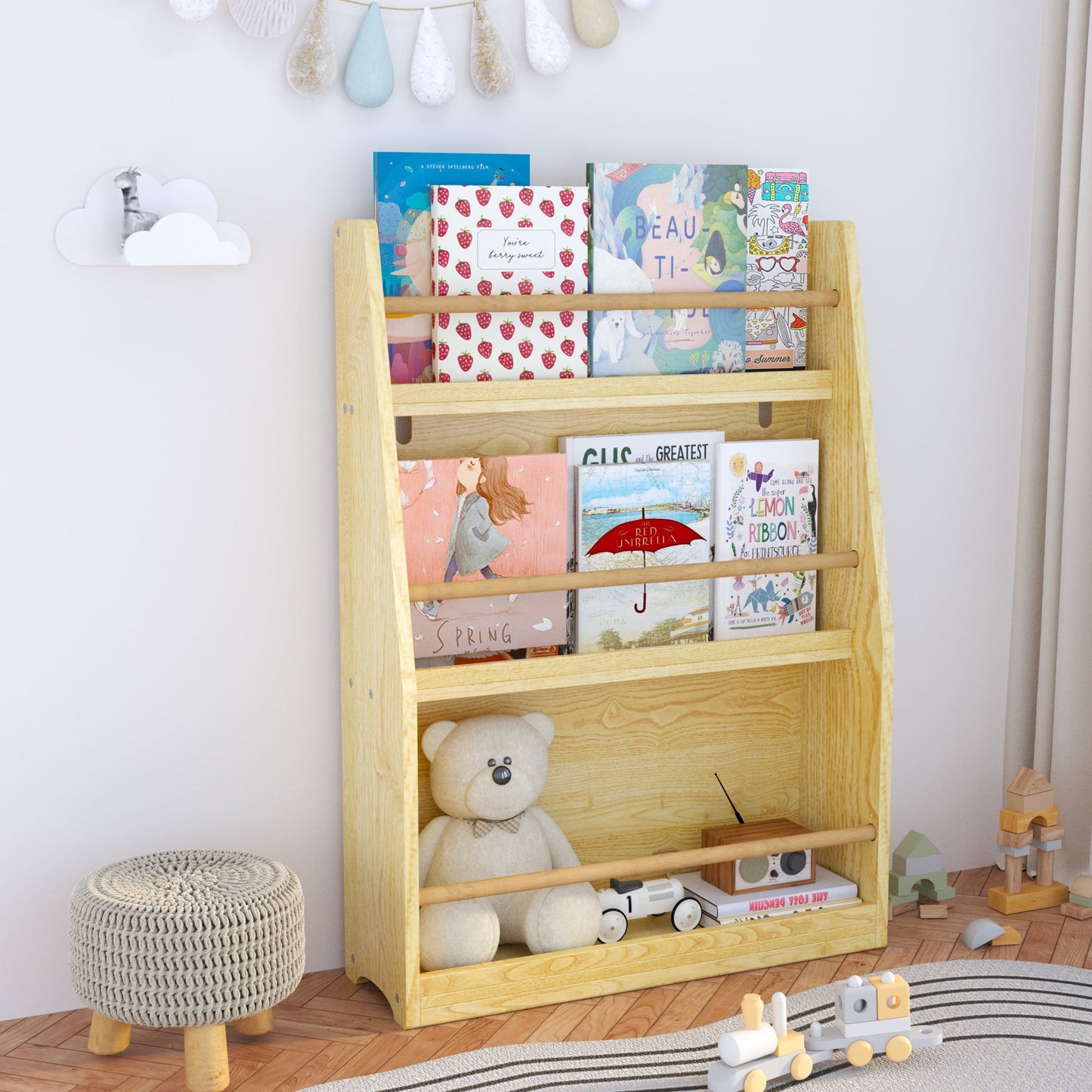 Noble House Sage 3-Tier Kids Book Shelf, Front-Facing Toddler Book Rack for Bedroom, Playroom or Nursery, Natural