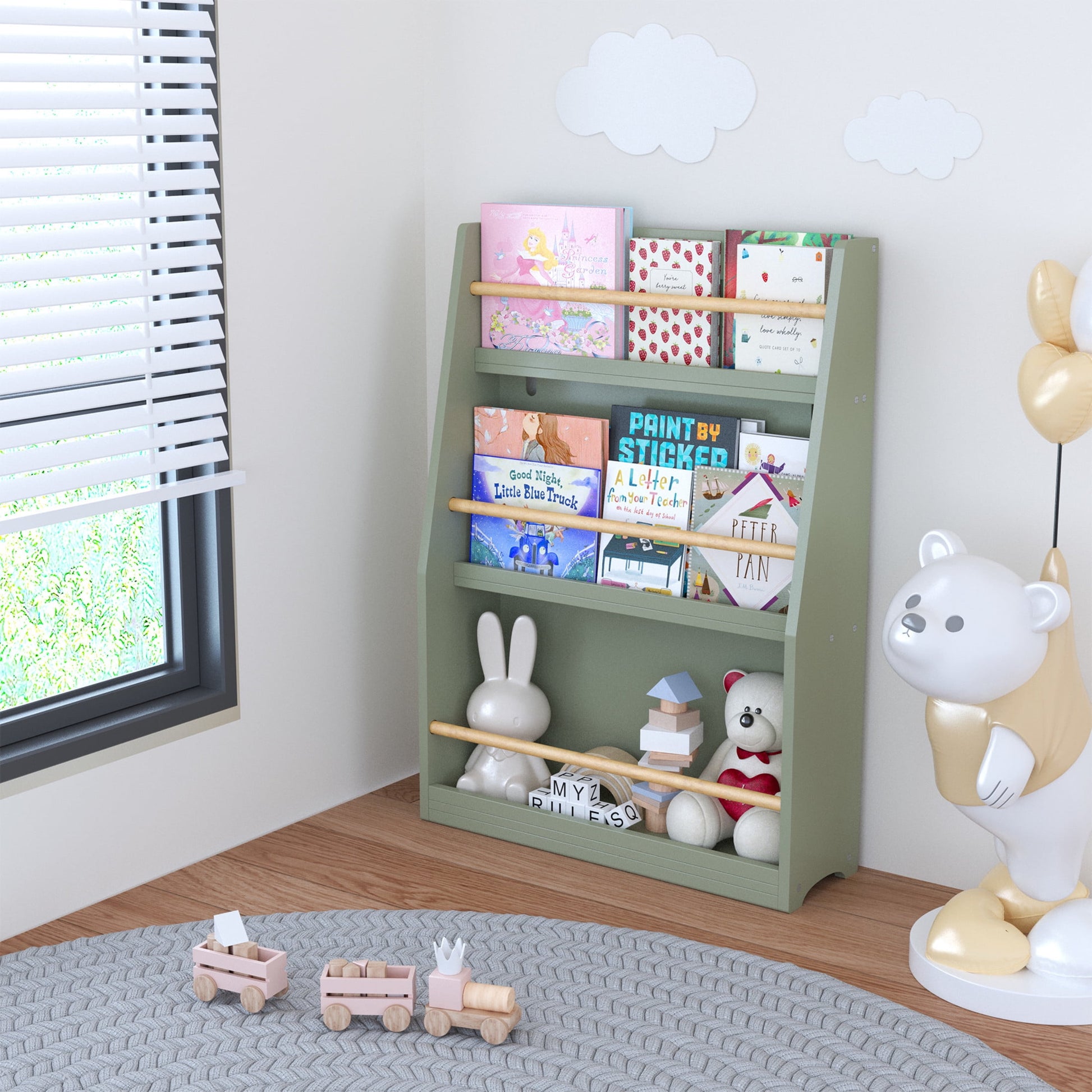 Noble House Sage 3-Tier Kids Book Shelf, Front-Facing Toddler Book Rack for Bedroom, Playroom or Nursery, Sage