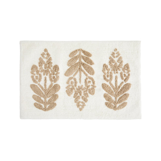 Noble Linens Floral Pattern Cotton Bath Mat, 24 in x 17 in, Folk Leaves Natural
