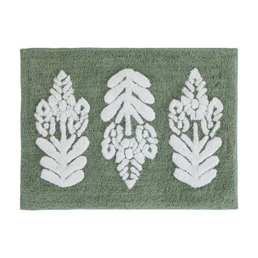 Noble Linens Floral Pattern Cotton Bath Mat, 34 in x 21 in, Folk Leaves Sage