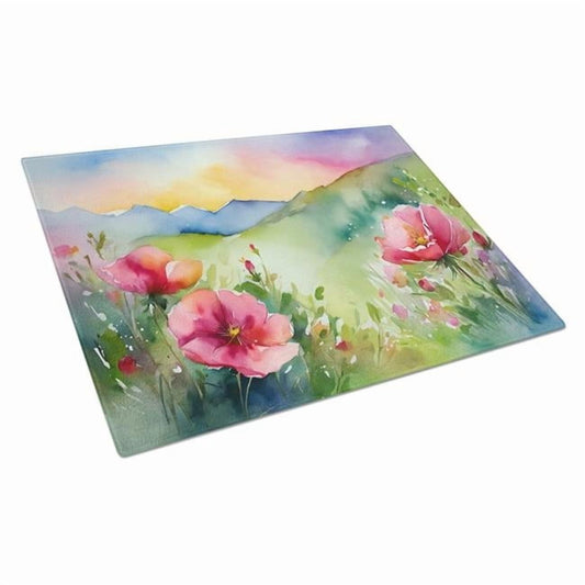North Dakota Wild Prairie Roses in Watercolor Glass Cutting Board Large 12 in x 15 in