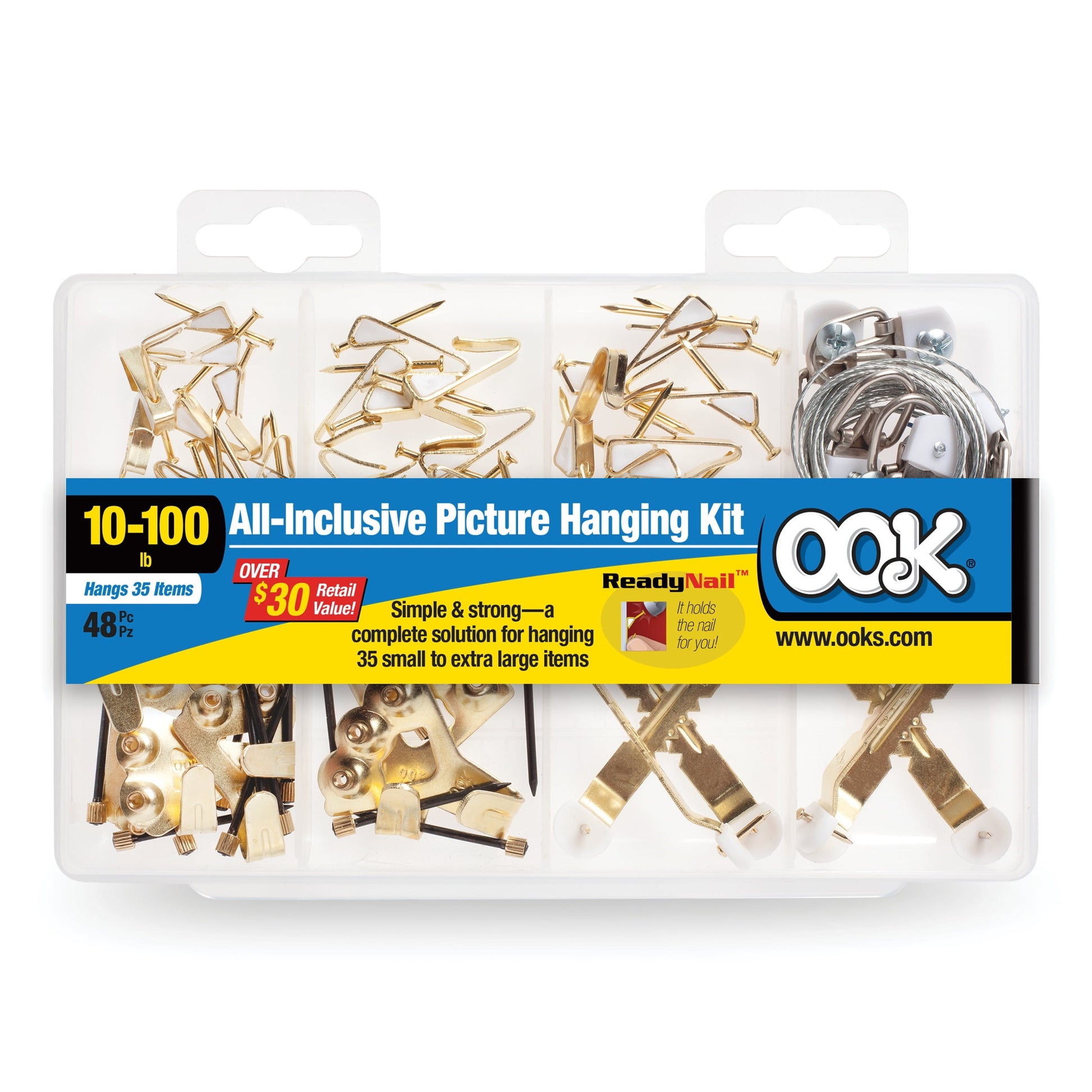 Ook Kit Profesional para Colgar Fotos, ReadyNail, 1-100 lbs, Acero, LatÃ³n, Dorado, Paquete de 48