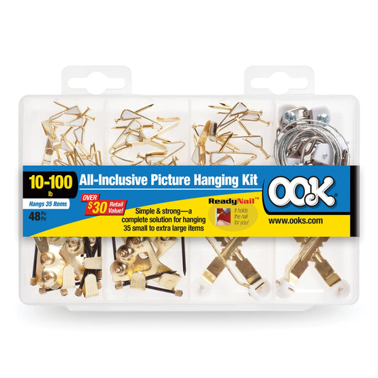 Ook Kit Profesional para Colgar Fotos, ReadyNail, 1-100 lbs, Acero, LatÃ³n, Dorado, Paquete de 48