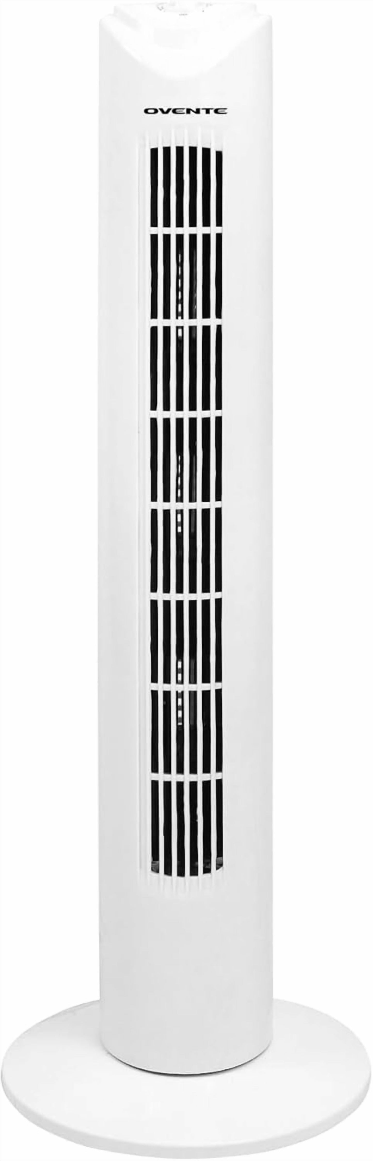 OVENTE 32" Tower Fan for Bedroom, Portable Stand Fan with 90Â° Oscillation, Adjustable Speed, Compact and Slim Manual Bladeless Indoor Fan Ideal for Cooling Home with Kids or Office, White TFO3SW