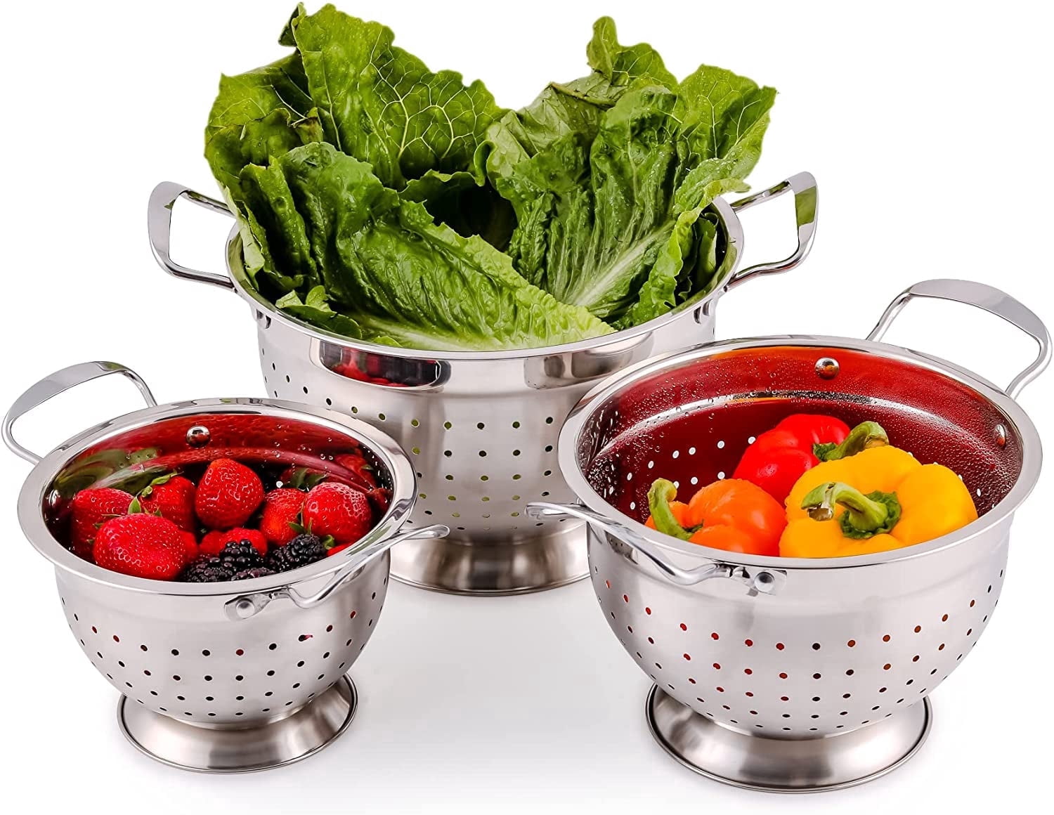 OVENTE Premium Stainless Steel Colander Set of 3 with Comfortable Large Handles, 1.5, 3, 5 Quarts Essential Kitchen Strainer for Draining Spaghetti Pasta, Rinsing Vegetables or Fruits, Silver C46263S