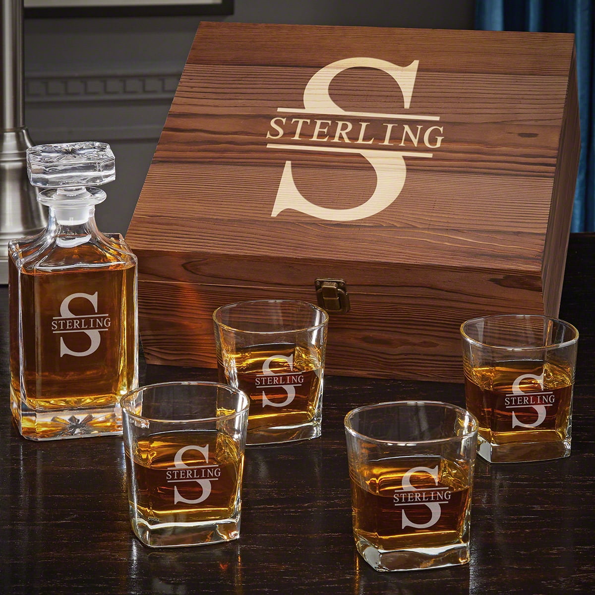 Oakmont Custom Carson Decanter Set with Square Rocks Glasses