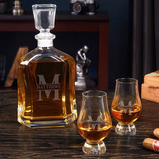 Oakmont Engraved Argos Whiskey Decanter Set with Glencairn Glasses
