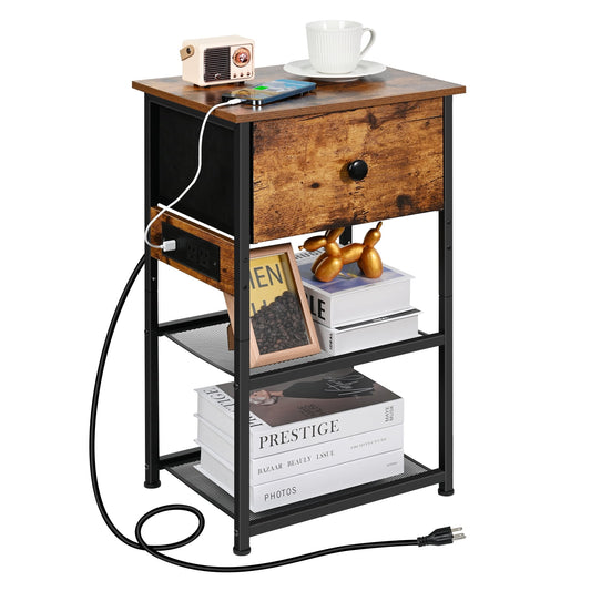 Ollieroo Modern Nightstand with 2 Storage Shelves & Charging Station, Rustic Brown