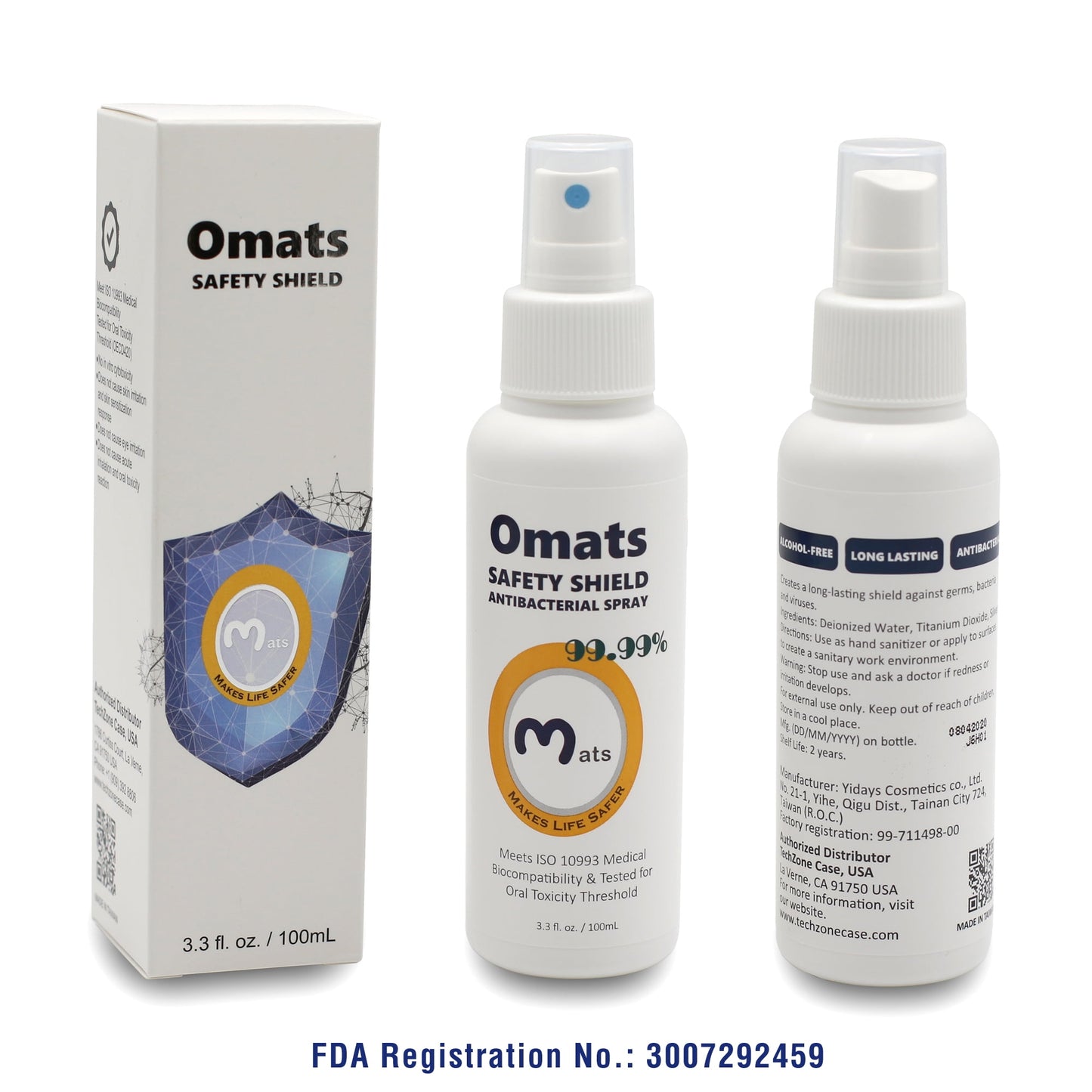 Omats Safety Shield Antibacterial Sanitizing Spray for Surfaces 3.3 oz, Long Lasting Protection Against Germs, Bacteria and Viruses, Alcohol-Free