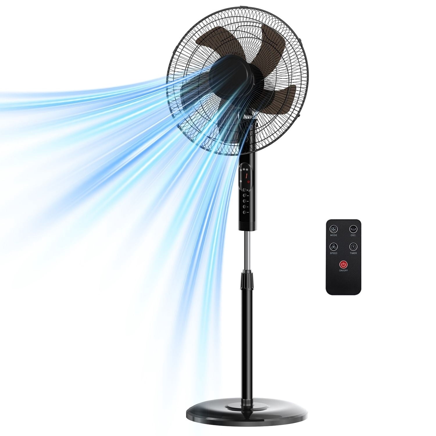 Oscillating Pedestal Stand Fan with Remote, 3 Speed Powerful Airflow Adjustable Height, 3 Speed & 3 Wind Modes,80Â°Angle Floor Cooling Fan for Bedroom Office, Black