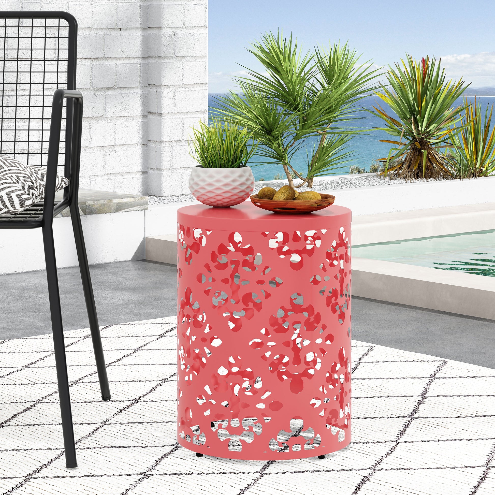 Outdoor Large Cylindrical Side Table, Floral Pattern Hollow Out Iron Tabletop for Patio Garden, Dark Coral