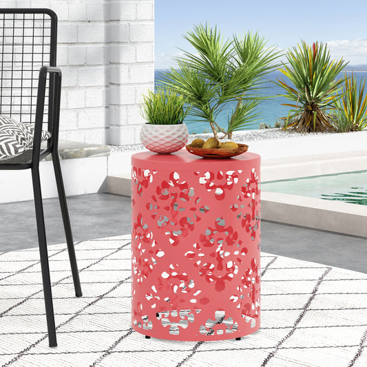 Outdoor Large Cylindrical Side Table, Floral Pattern Hollow Out Iron Tabletop for Patio Garden, Dark Coral