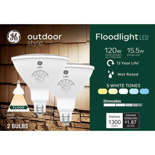 GE Outdoor Style Security PAR38 LED Light Bulbs, 120 Watt Replacement, 5 White Tones, 2pk
