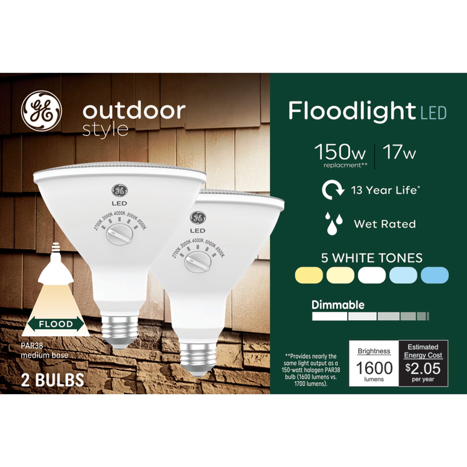GE Outdoor Style PAR38 LED Floodlight, 150 Watt Replacement, 5 White Tones, 2pk