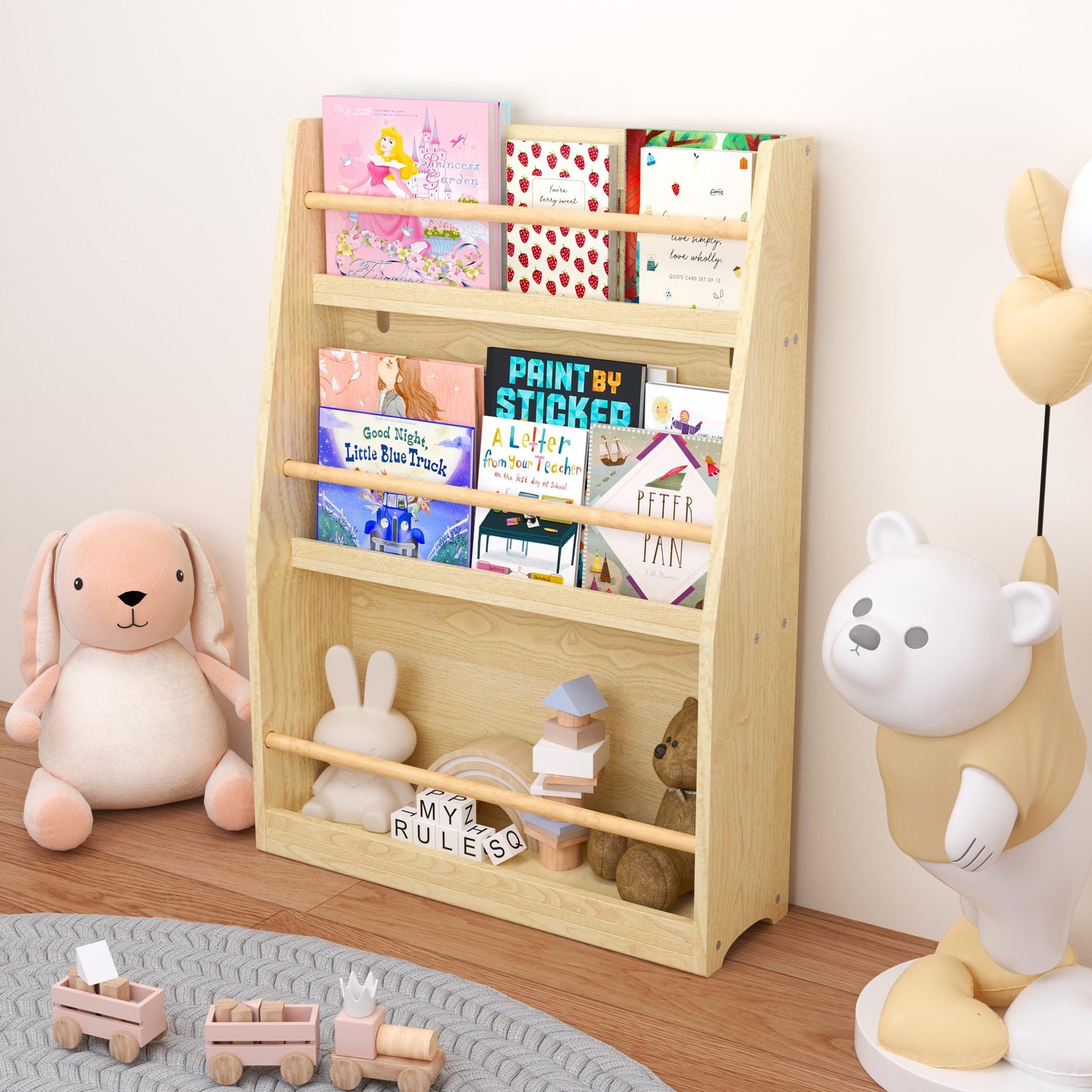 PORKISS 3 Tier Bookshelf for Kids, Wooden Kids Book Rack, Modern Kids Bookcase for Bedroom, Playroom and Classroom, Natural