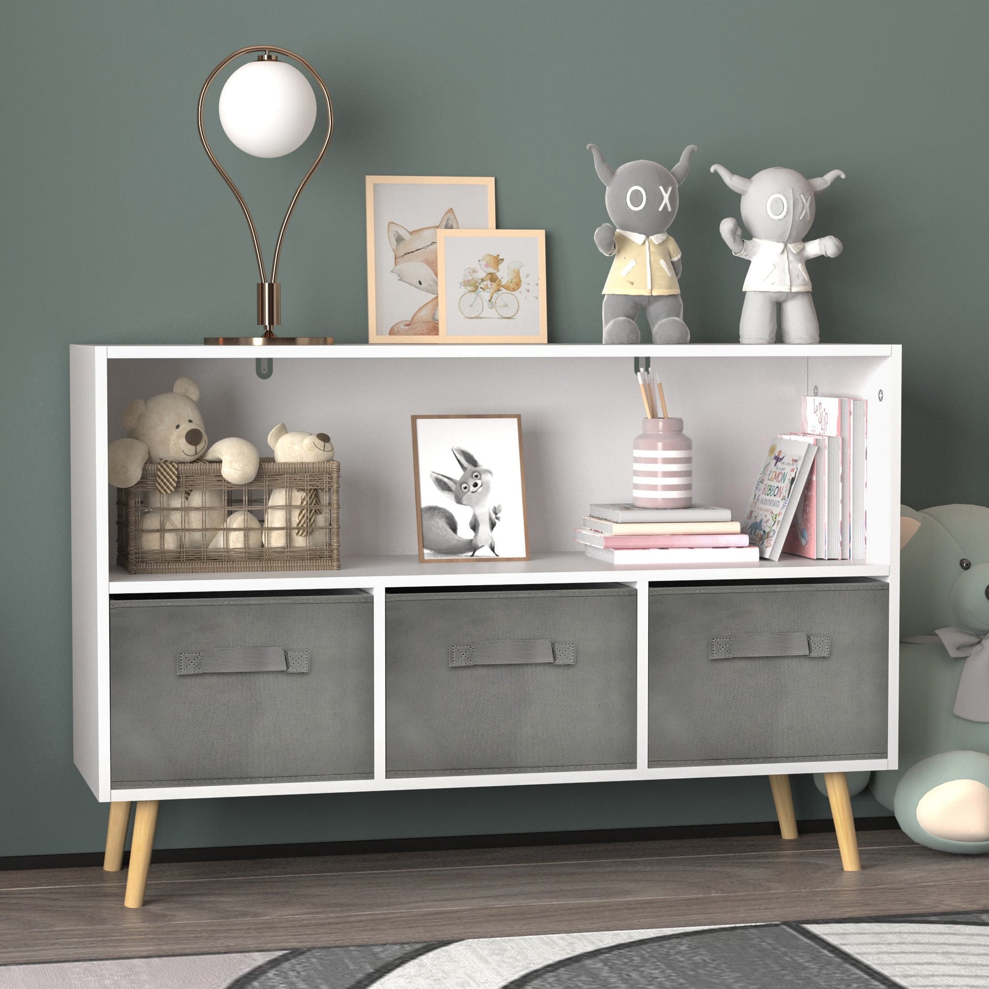 PORKISS Bookshelf for Kids, Wood Kids Bookcase with Collapsible Fabric Drawers, Freestanding Toy Organizer, Modern Toy Storage for Children's Room, Living Room, White/Gray