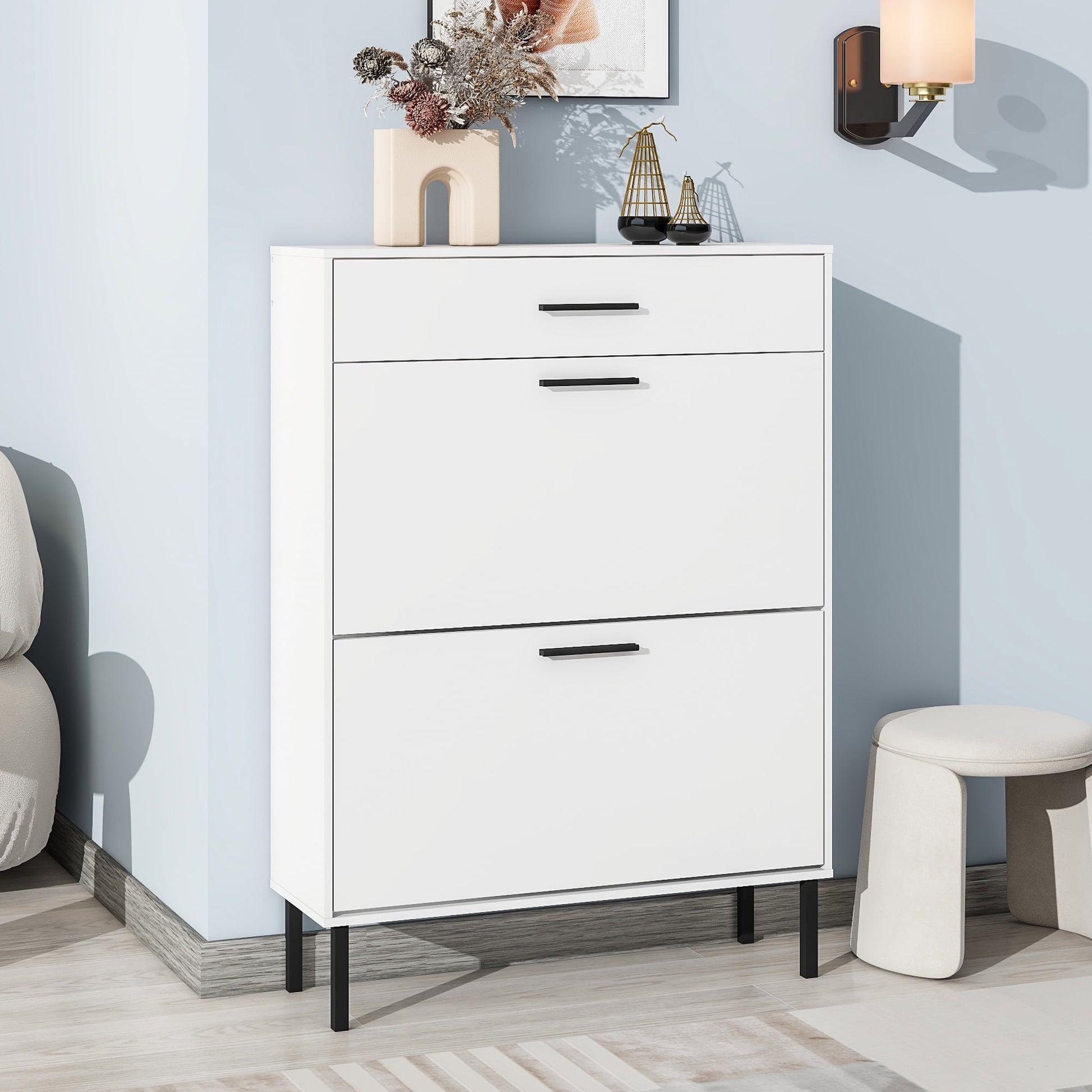 PORKISS Shoe Storage Cabinet, Wood Shoe Cabinet with 2 Flip Drawers, Modern Shoe Organizer with Drawer, Metal Legs, Freestanding Narrow Slim Shoe Rack for Entryway, Living Room, Hallway, White