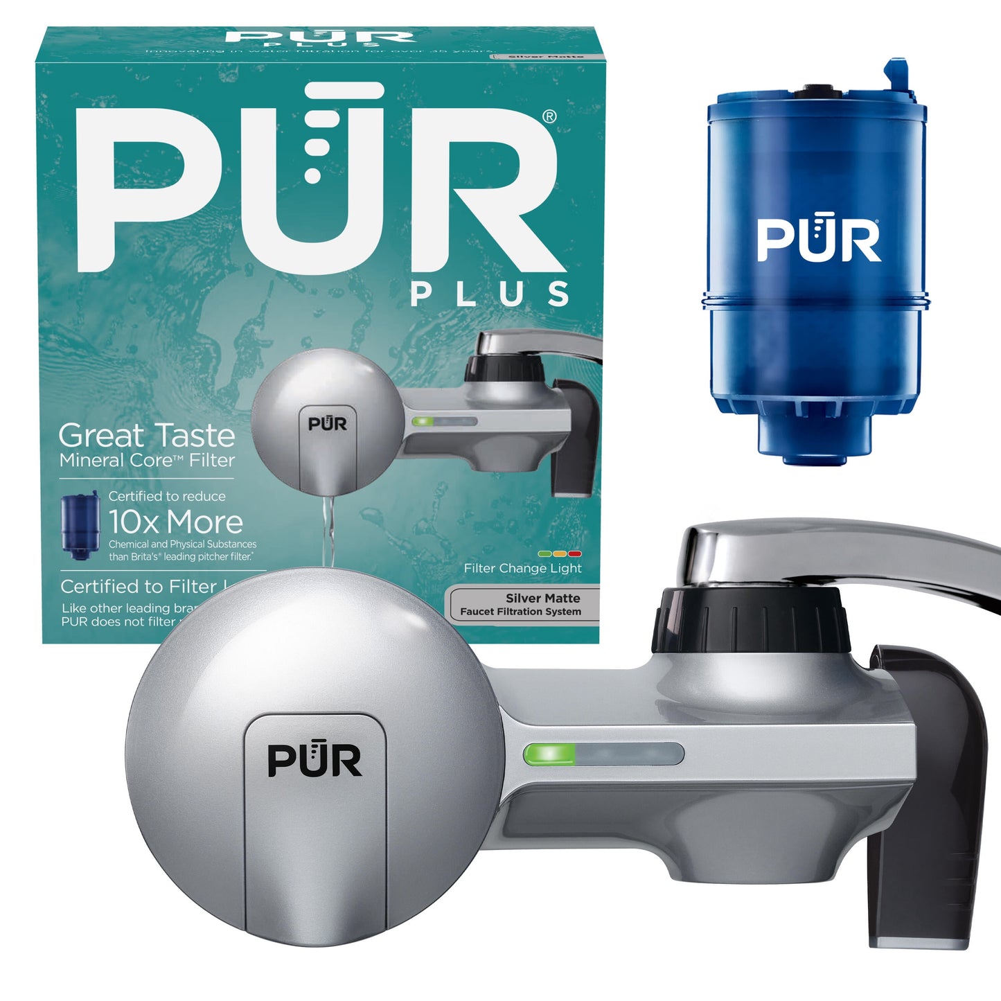 PUR PLUS Faucet Mount Water Filtration System, Horizontal, Matte Silver, PFM300V