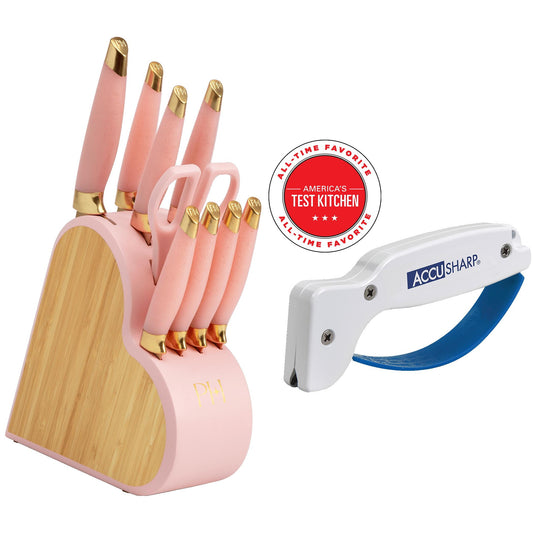 Paris Hilton 10-Piece Heart-Shaped Stainless Steel Knife Block Set, Pink + AccuSharp Knife and Tool Sharpener 070C