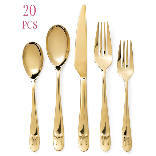 Paris Hilton 20-Piece Stainless Steel Flatware Set, Service for 4, Dinner Forks, Salad Forks, Dinner Knives, Teaspoons & Dinner Spoons, Gold with Bow Detail