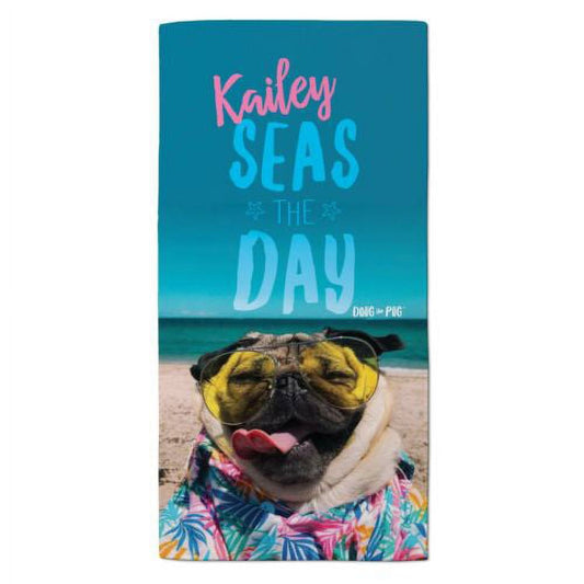 Personalized Doug The Pug Seas The Day Beach Towel