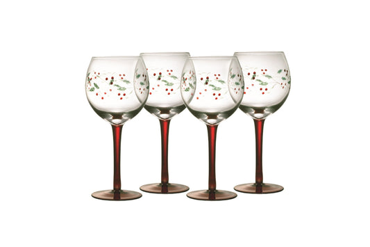 Pfaltzgraff Winterberry 13 oz Hand Painted Glass Wine Goblets, Set or 4