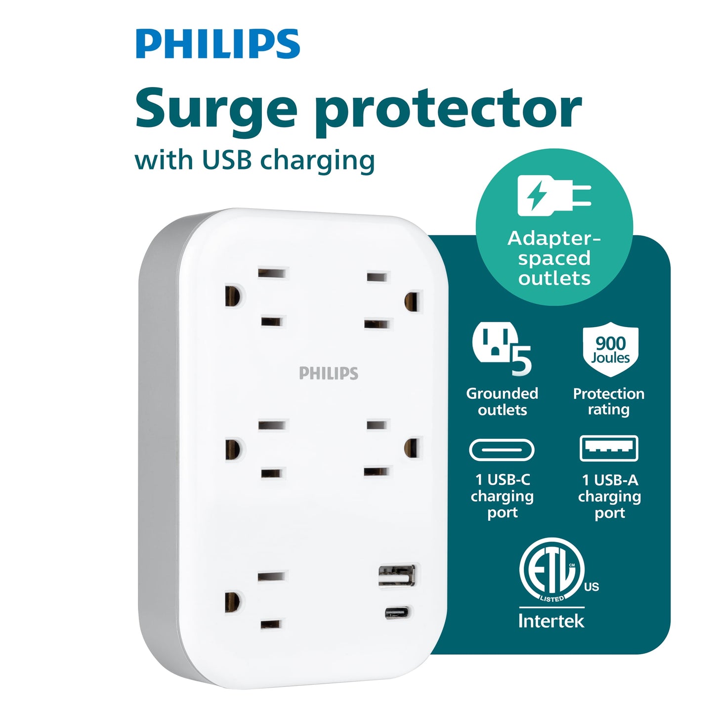 Philips Tomacorriente contra Sobretensiones de 5 Tomas, con Espacio para Adaptadores, 1 USB-A, 1 USB-C, 17W, 900J, Blanco